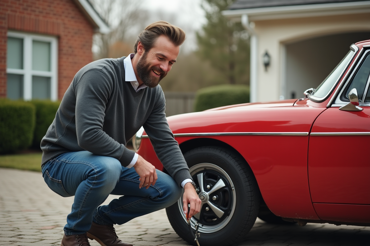 Homme vérifiant la pression des pneus d