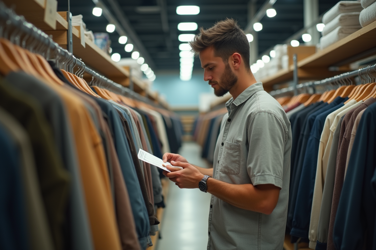Jeune homme comparant prix de vêtements en magasin