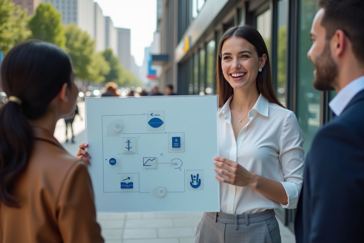 Jeune femme expliquant un flowchart monétaire à ses collègues