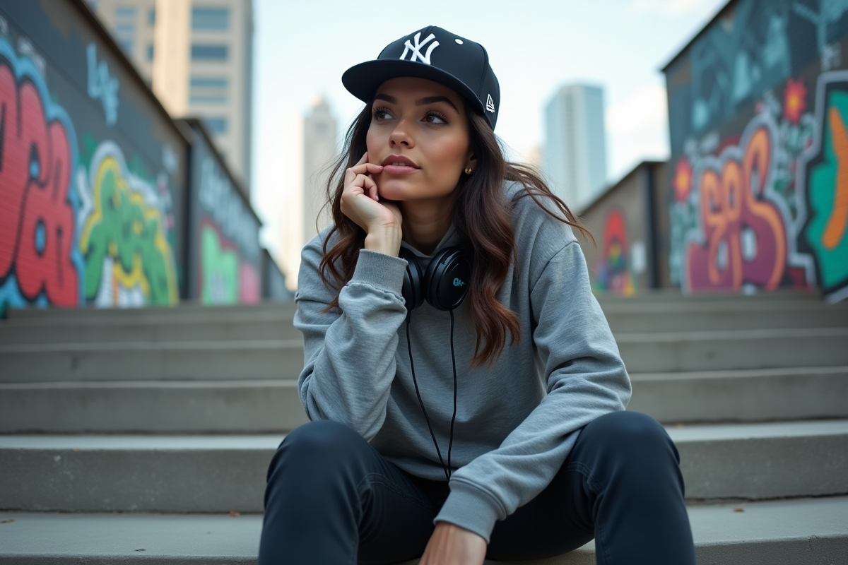 Jeune femme urbaine assise sur des marches avec graffiti