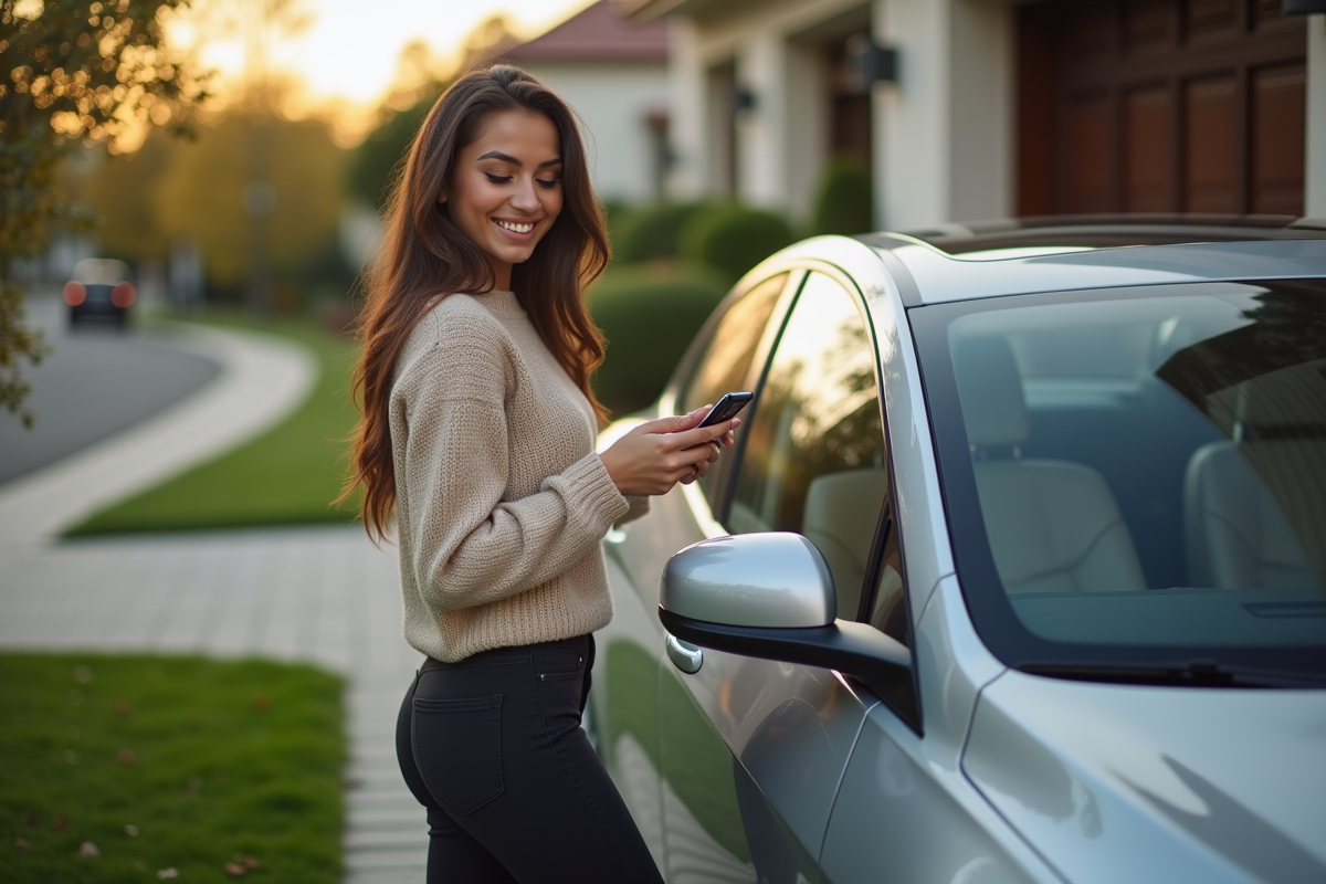 Jeune femme verrouillant sa voiture électrique avec son smartphone