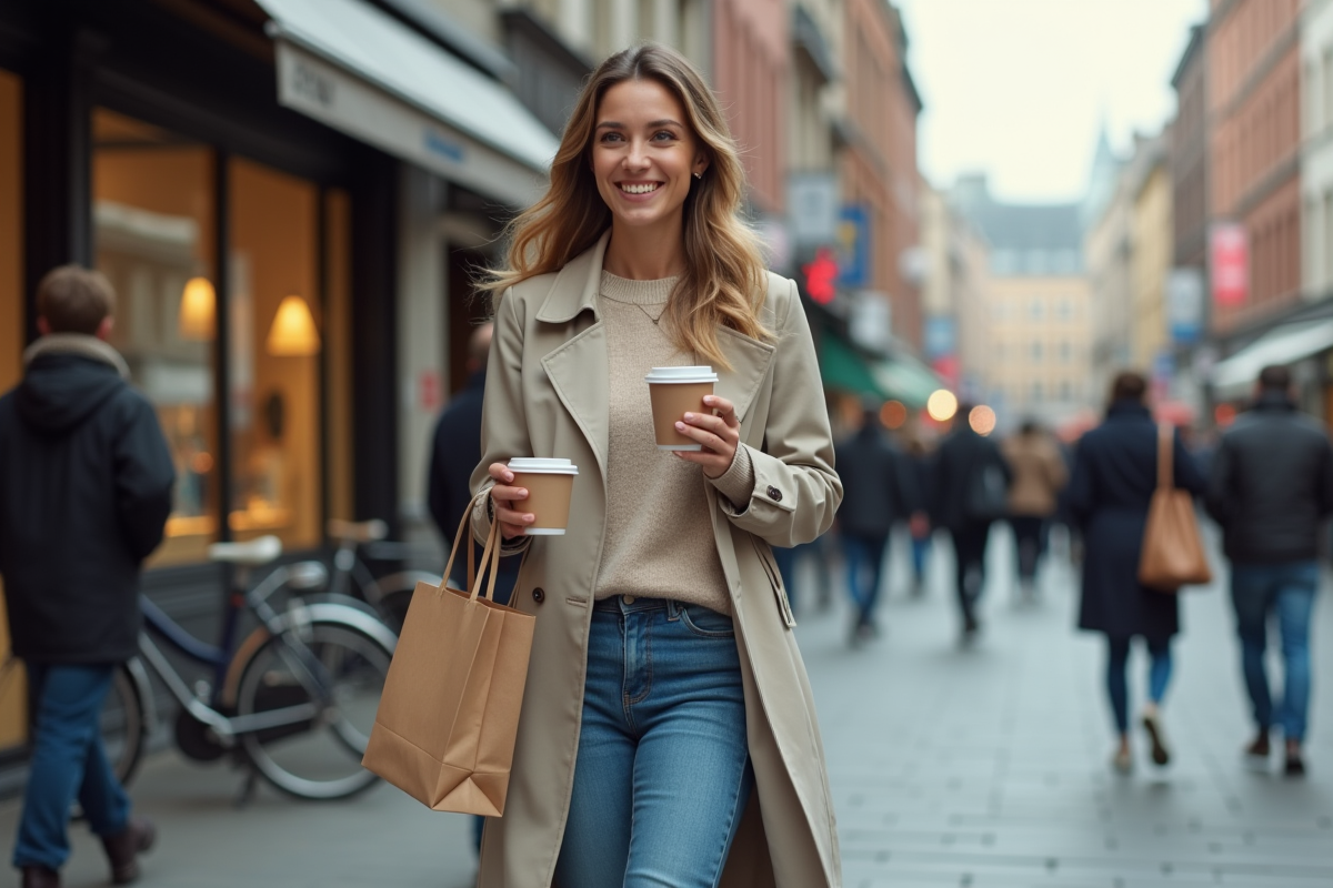 Jeune femme marche dans la ville avec café et sac à emporter