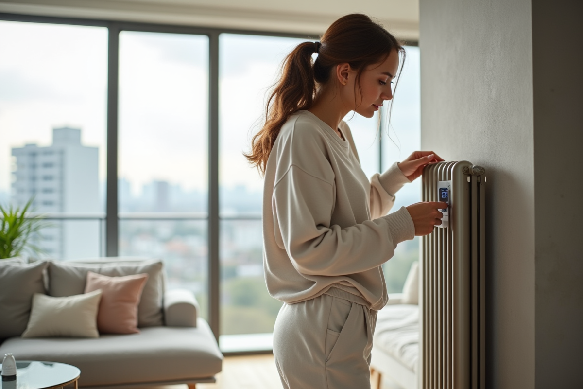 Jeune femme ajustant un radiateur dans un appartement moderne