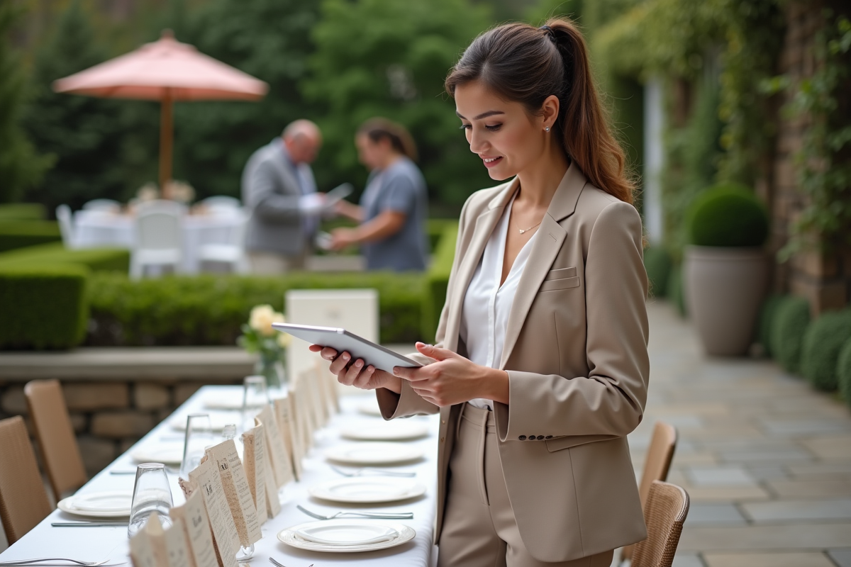 Jeune femme vérifiant une liste sur une tablette lors d