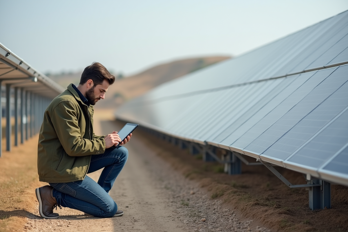 Jeune homme utilisant une tablette dans une ferme solaire moderne