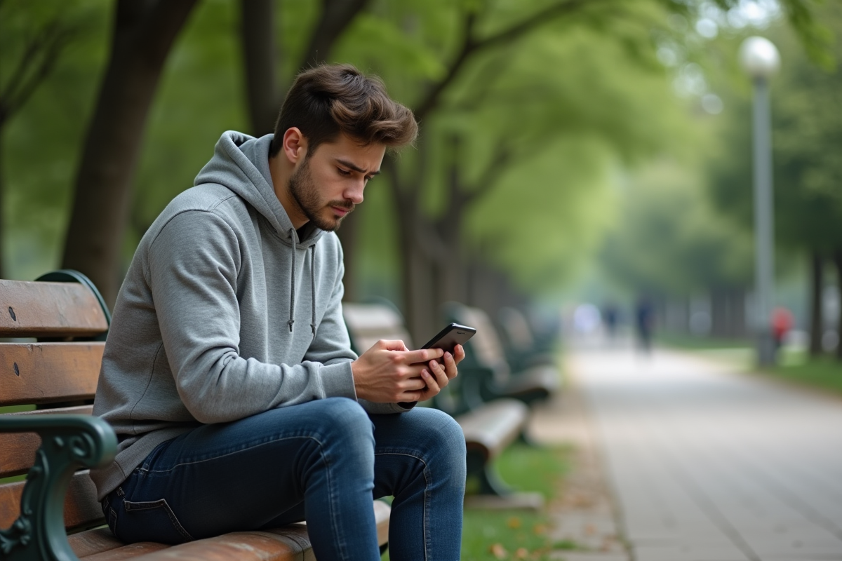 Jeune homme inquiet consulte son téléphone dans un parc