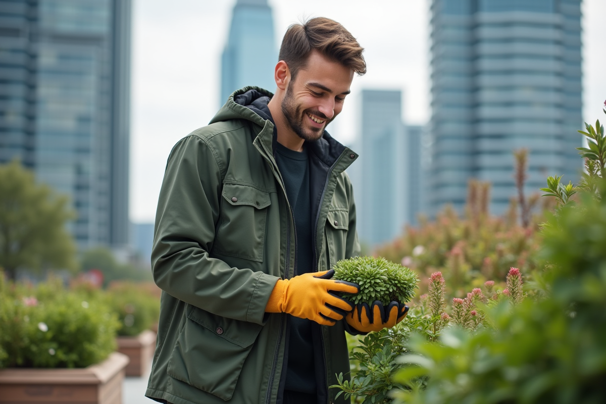 Jeune homme en vêtements modernes examine des sedums sur un toit urbain