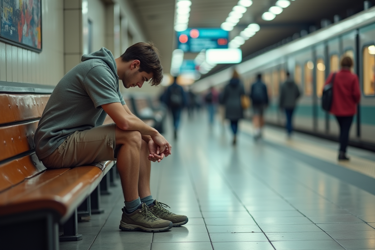 Jeune homme vérifiant son pied gonflé à la gare