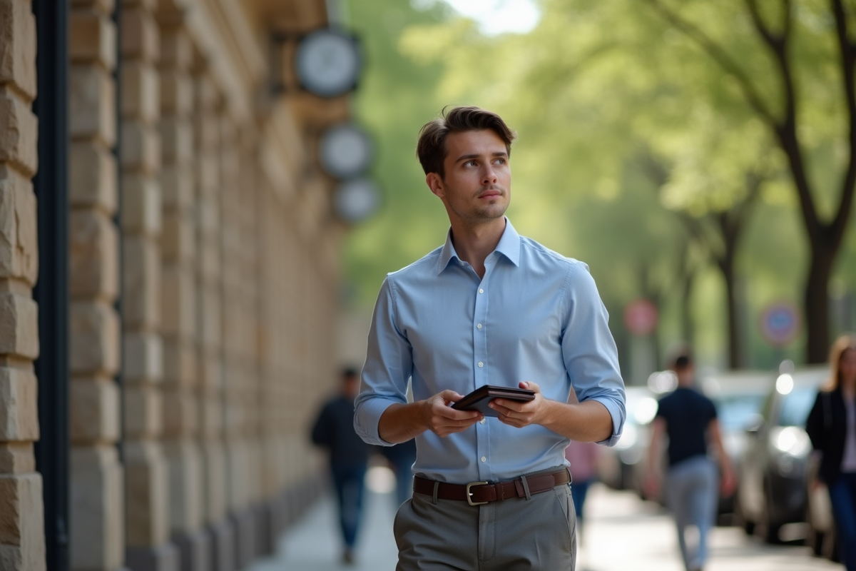 Jeune homme en ville regardant au loin avec un portefeuille
