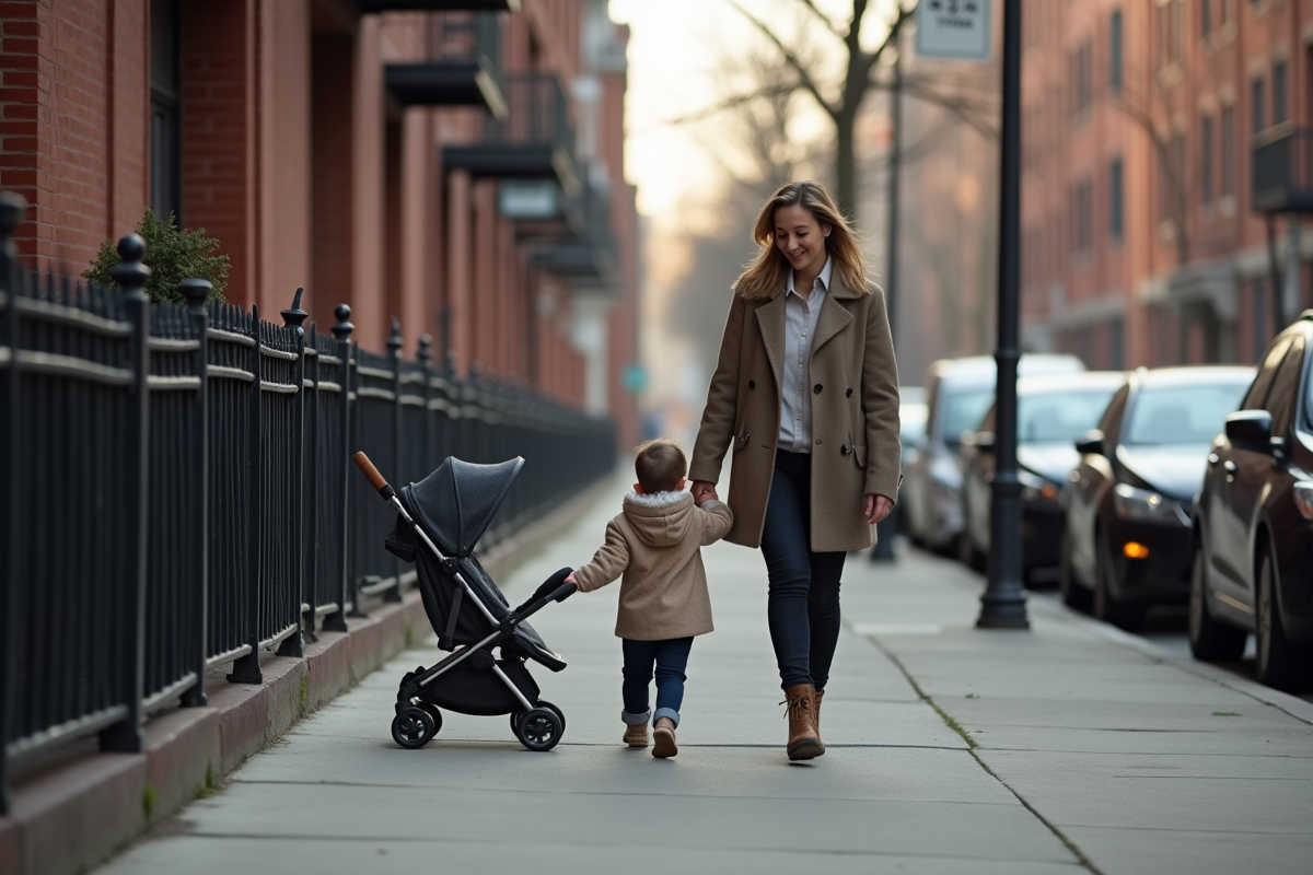 Mère et enfant marchant dans la ville au matin