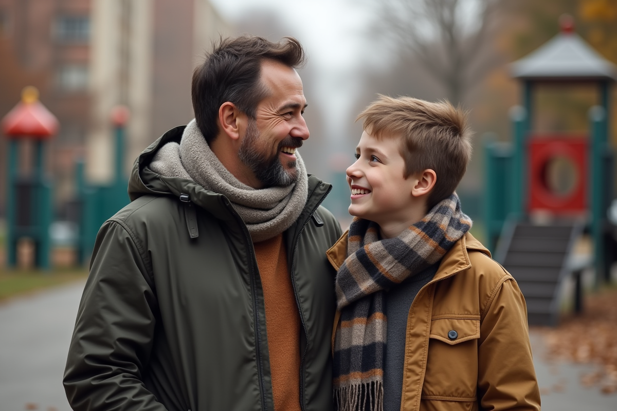 Pere et fils souriant au parc en ville en automne