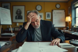 Réalisateur de cinéma frustré assis dans un bureau de production hollywoodien entouré de scénarios et de story-boards, évoquant l'annulation d'un film de super-héros