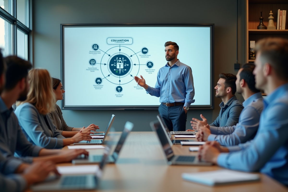 Homme en discussion avec collègues autour d une table de travail