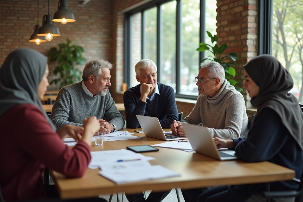 Équipe intergénérationnelle en réunion dans un espace ouvert