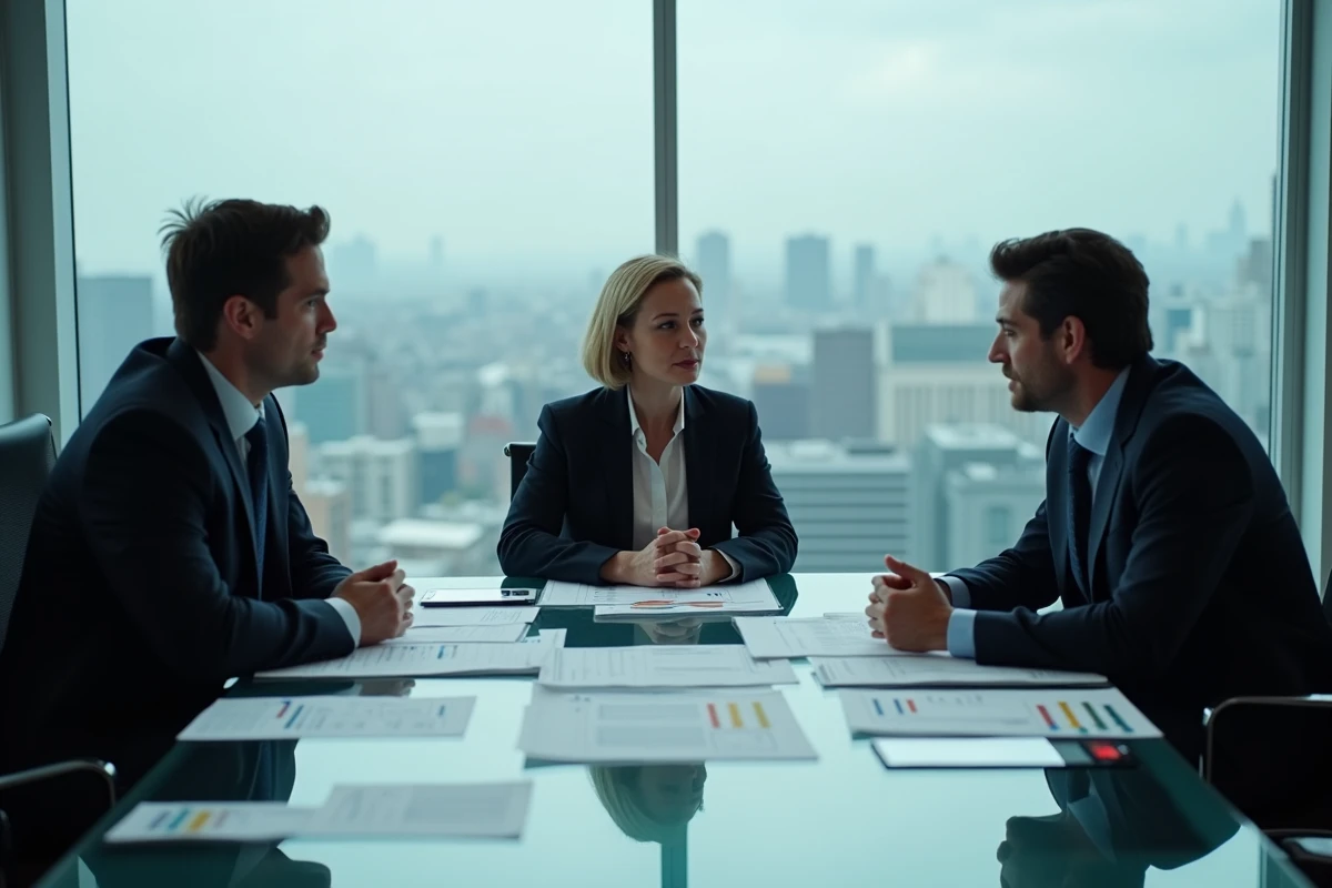 Trois professionnels de l'industrie cinématographique discutant autour d'une table de conférence avec des documents de production, symbolisant les négociations derrière l'annulation d'un film Marvel