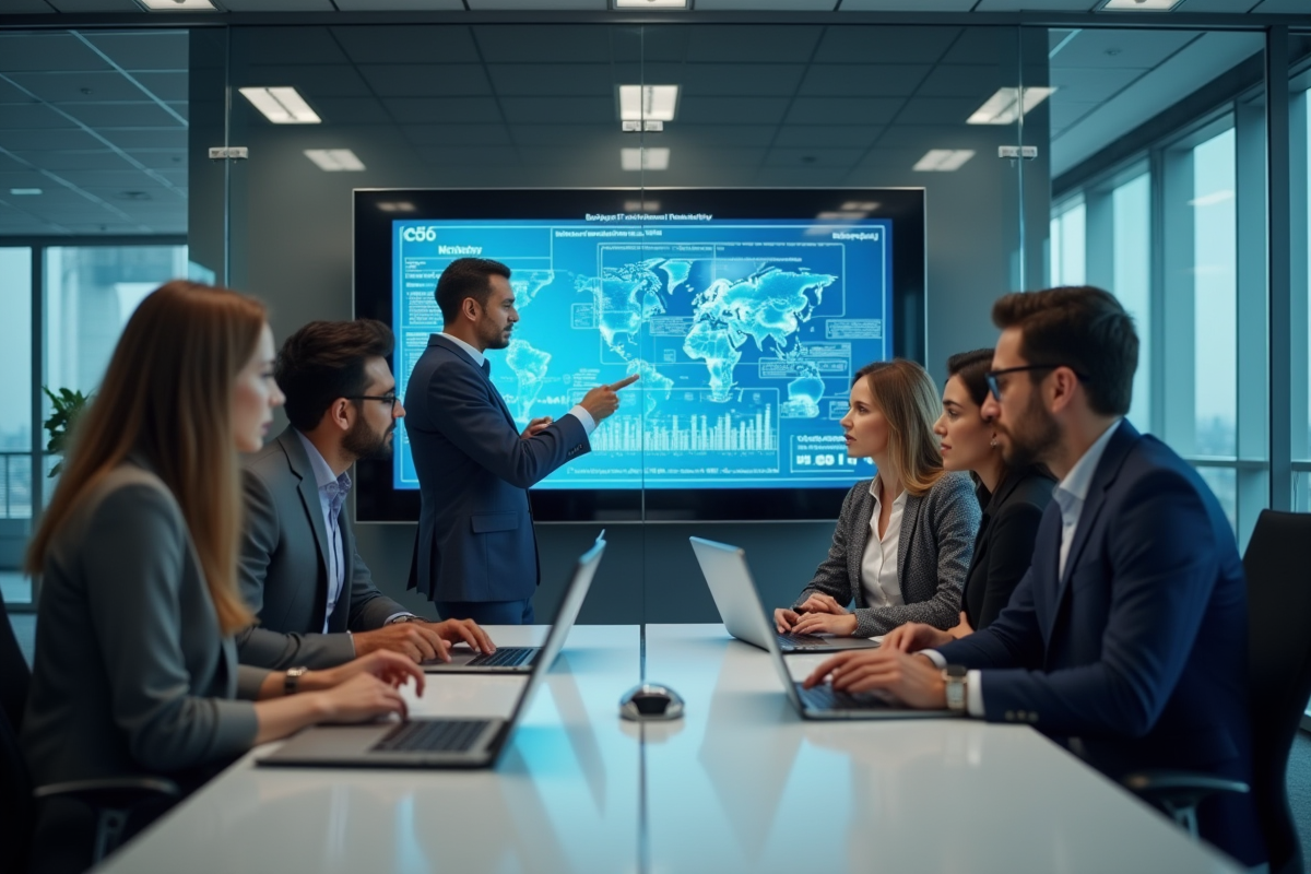 Groupe de professionnels discutant autour d un affichage de securite reseau