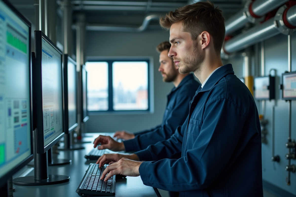 Technicien en combinaison examine un écran dans une centrale biomasse